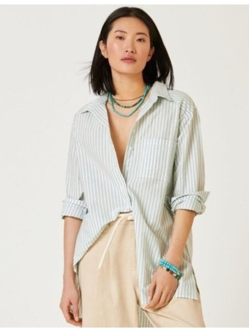 🛍  Anthropologie Striped Longline Button Down Tunic Shirt Sage Green Size S